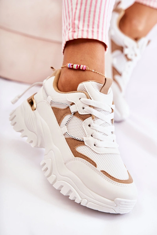 Modne Materiałowe Buty Sportowe Beżowo-Białe Amariso