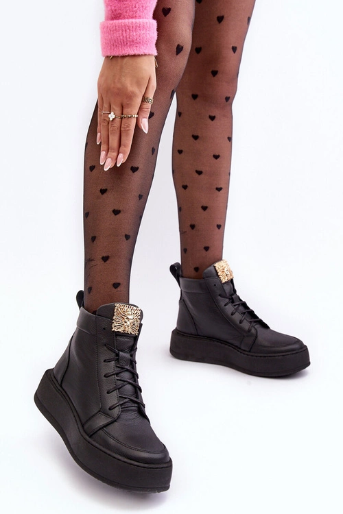 Sznurowane Botki Damskie Z Ozdobą Skórzane Czarne Nicole 2833