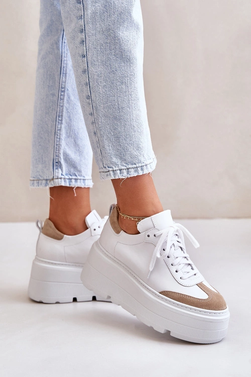 Skórzane Sneakersy Na Masywnej Platformie Lewski 3635/X Biało-Beżowe