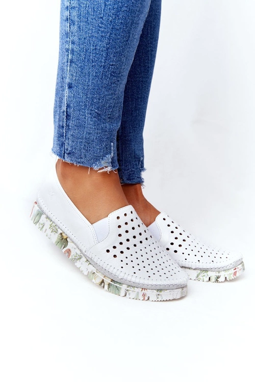 Ażurowe Skórzane Tenisówki Półbuty Slip-On Maciejka Białe 03512B-11