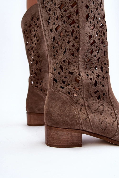 Zazoo 3403 Ażurowe Kozaki Damskie Na Niskim Obcasie Ciemnobeżowe