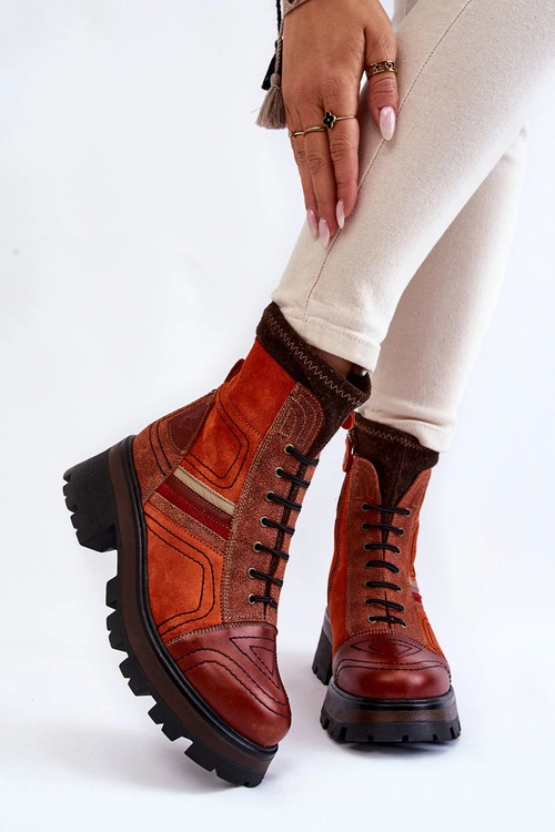 Damskie Skórzane Botki Na Płaskim Obcasie Maciejka 05624-08 Pomarańczowo-Brązowe