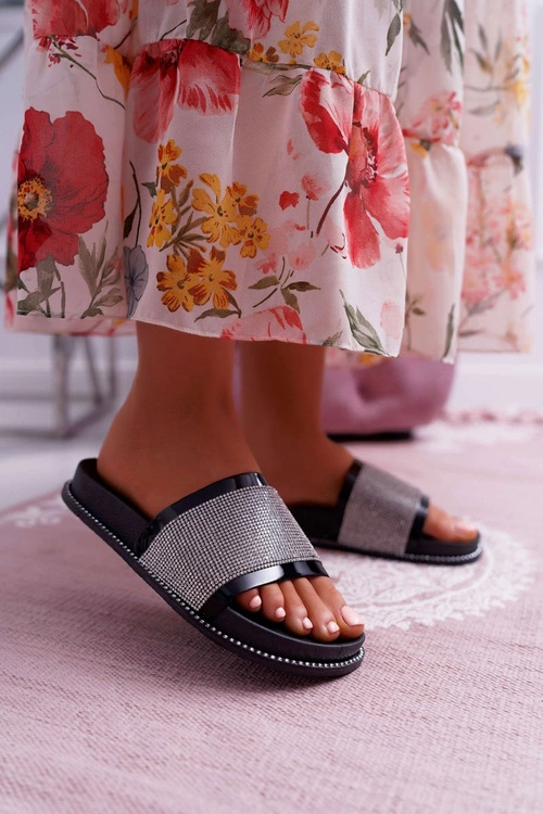 Klapki Damskie Profilowane Z Cyrkoniami Czarne Rentre