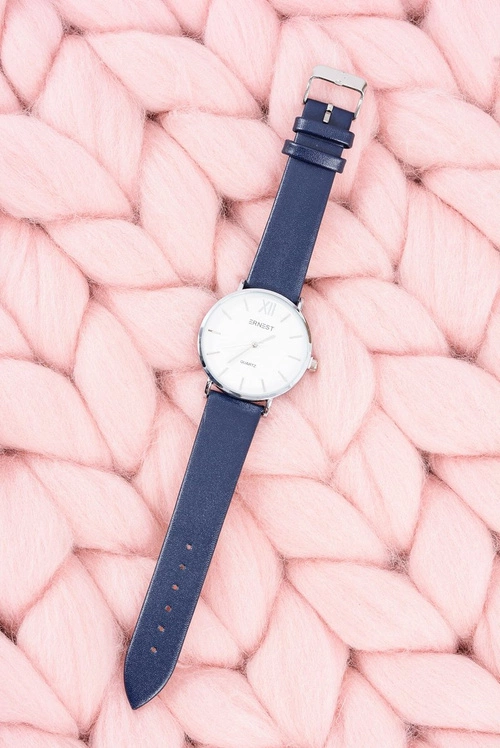Stylowy Skórzany Granatowy Damski Zegarek Ernest