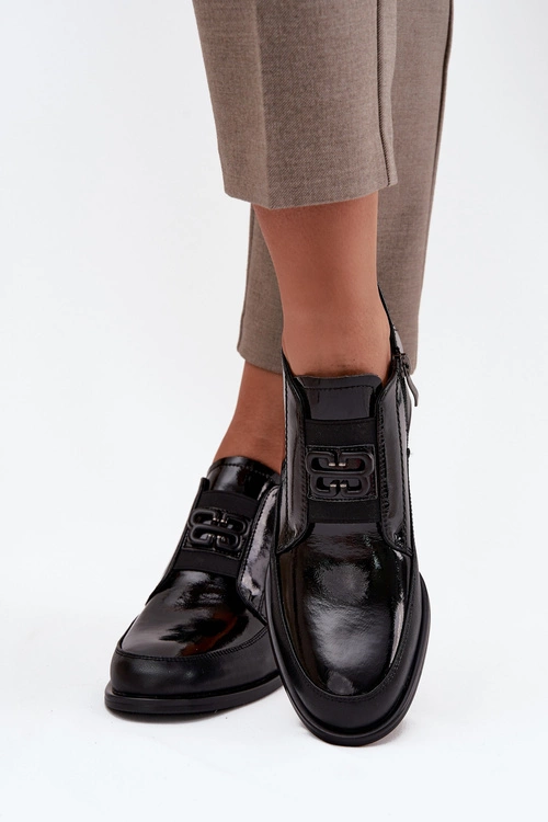 Lakierowane Skórzane Półbuty Damskie Na Niskim Obcasie Z Ozdobnym Detalem Vinceza 91161 Czarne