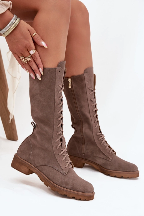 Zamszowe Botki Ze Sznurowaniem Do Połowy Łydki Zazoo 3103 Ciemnobeżowe