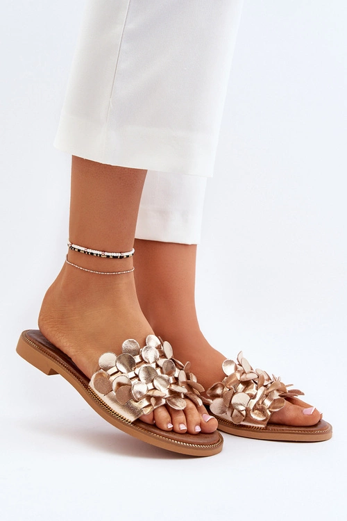 Zazoo 40381 Damskie Skórzane Klapki Na Płaskim Obcasie Złote