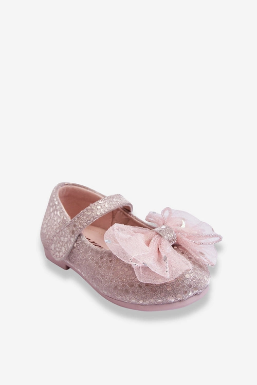 Dziecięce Balerinki Z Kokardą I Brokatem Na Rzep Srebrno-Różowe Elisa