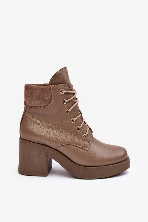 Skórzane Botki Damskie Na Słupku Ciemnobeżowe Lemar Leocera