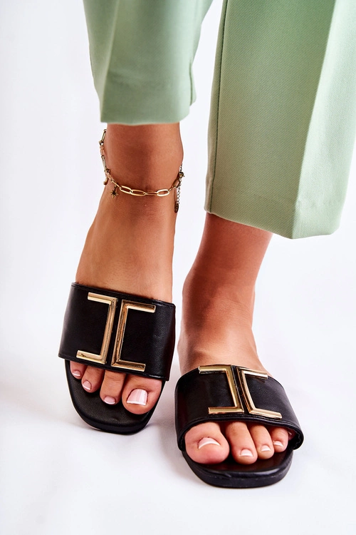 Damskie Skórzane Klasyczne Klapki Z Ozdobą Czarne Maren