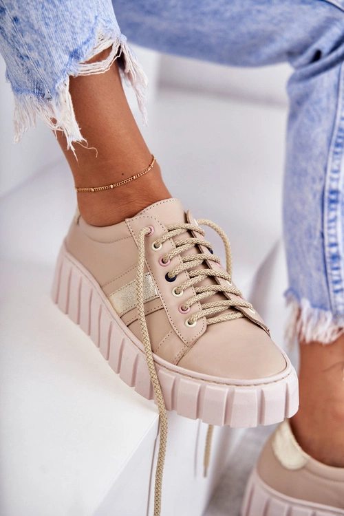 Damskie Skórzane Buty Sportowe Wiązane Beżowo-Złote Ariva