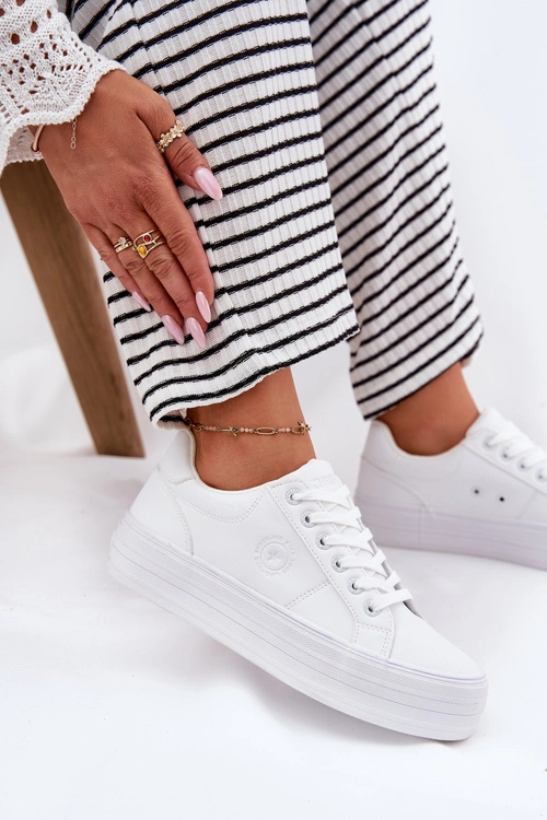 Eko Skórzane Trampki Damskie Na Platformie Big Star RR274298 Białe