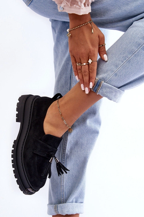 Zamszowe Półbuty Mokasyny Damskie Czarne Ramvli