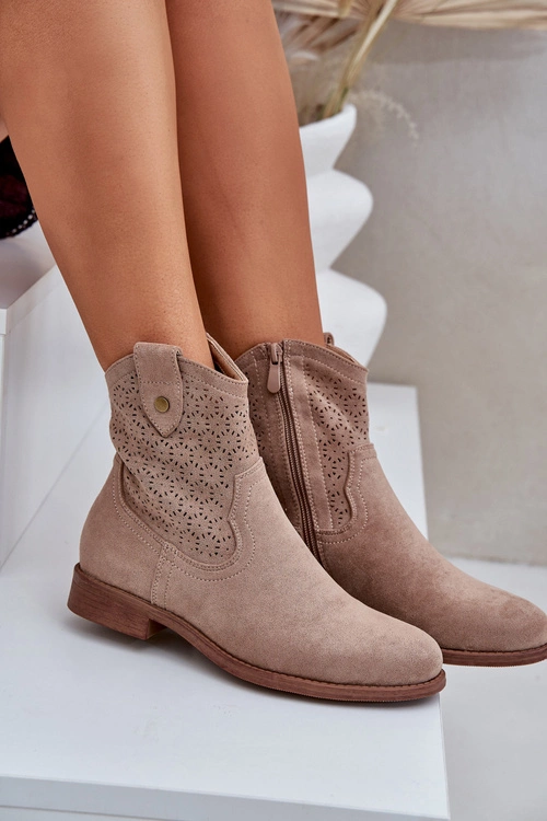 Ażurowe Botki Na Płaskim Obcasie S.Barski HY51-063 Beżowe