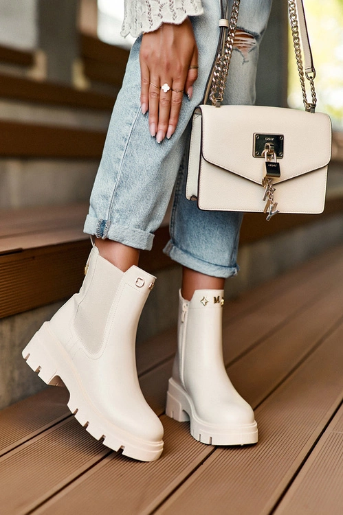 Sztyblety Botki Damskie Skórzane Z Ozdobami Jasnobeżowe Lobb