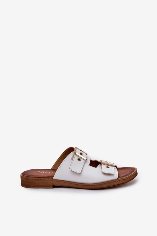 Skórzane Płaskie Klapki Z Klamrami Zazoo 3020 Białe