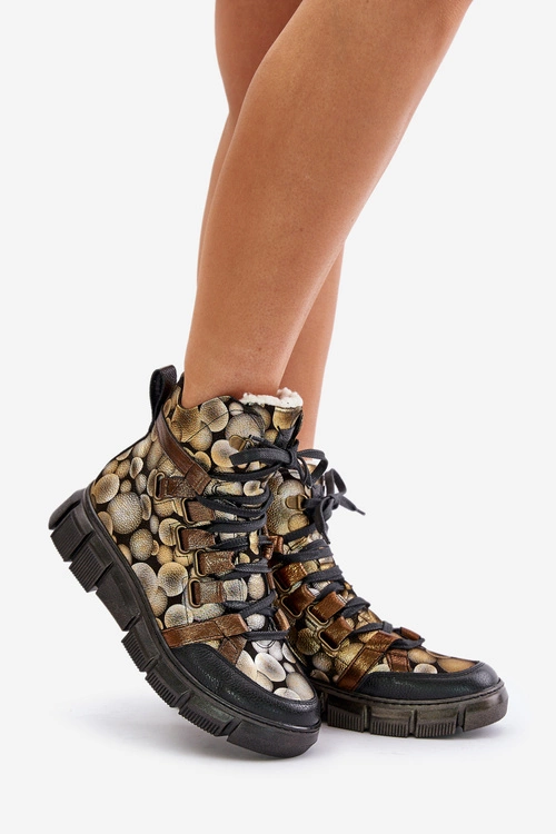 Skórzane Płaskie Sznurowane Botki Maciejka 06158-25 Złote