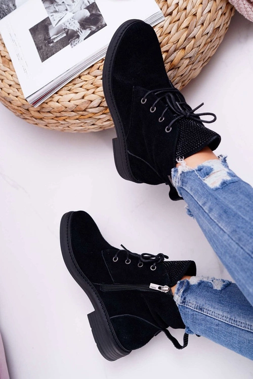 Damskie Botki Workery Big Star Skórzane Czarne EE274508