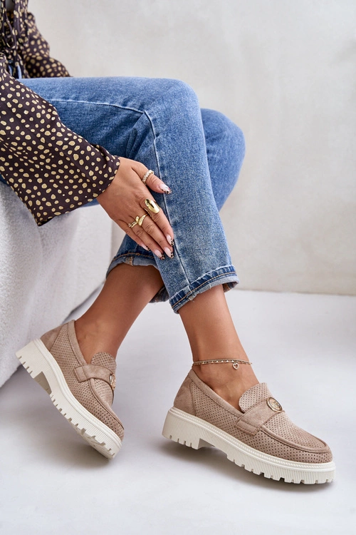 Damskie Półbuty Mokasyny Ze Złotym Detalem Khaki Arilva