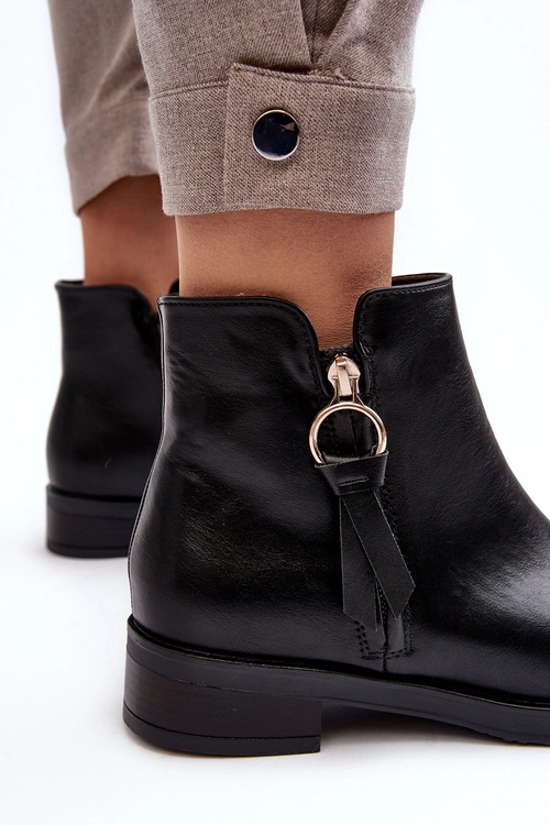 Skórzane Damskie Botki Płaskie Czarne Vasica