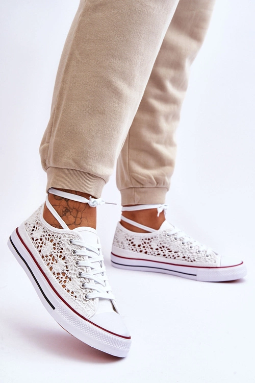 Damskie Koronkowe Materiałowe Trampki Białe Fergo