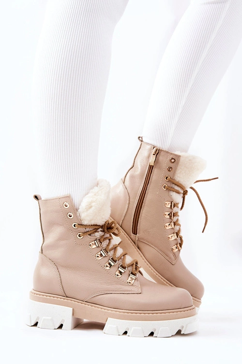 Ocieplane Skórzane Botki Workery Beżowe Lecolly