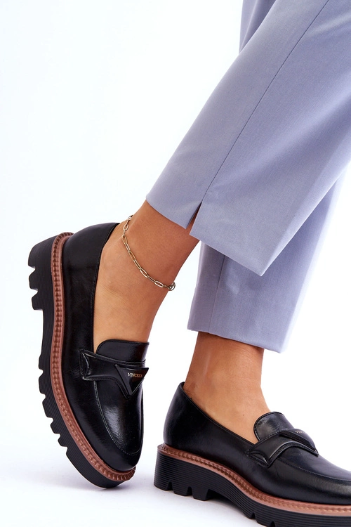 Skórzane Damskie Mokasyny Na Platformie Z Ozdobą Czarne Jonett