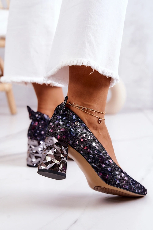 Skórzane Czółenka Na Słupku Maciejka 05334-15 Granatowe