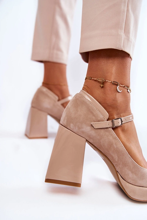 Zamszowe Czółenka Na Masywnym Obcasie Beżowe Tina