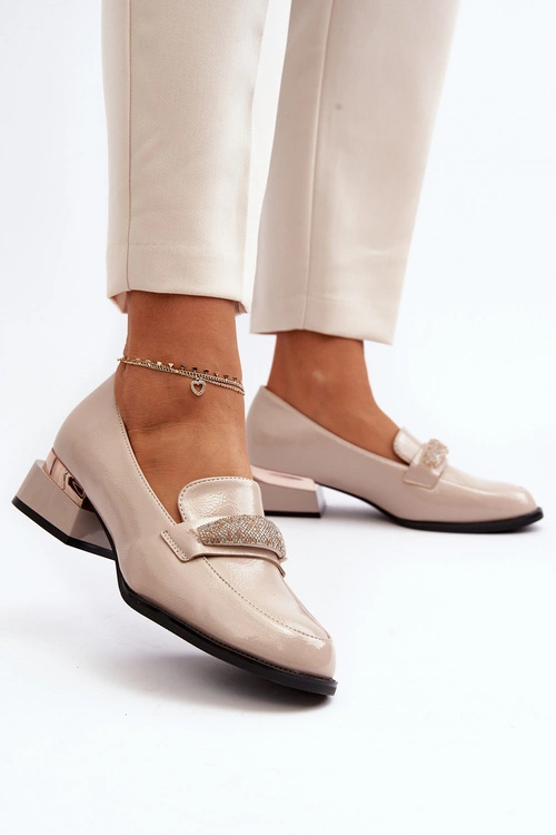 Damskie Półbuty Lakierowane Na Niskim Obcasie Beżowe Marilni