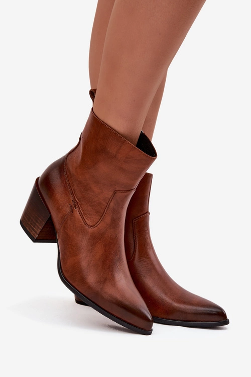 Skórzane Botki Kowbojki Damskie Na Słupku Ocieplane Zazoo 60565 Brązowe