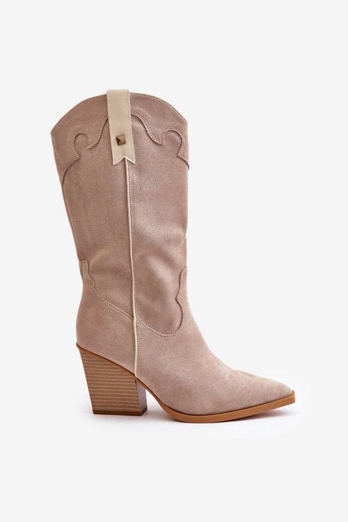 Ocieplane Kozaki Kowbojki Na Słupku Eko Zamszowe Beżowe Hanivin