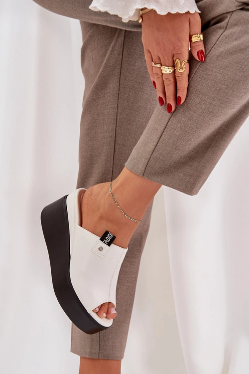 Klapki Na Platformie I Koturnie Eko Skórzane Białe Eridoria