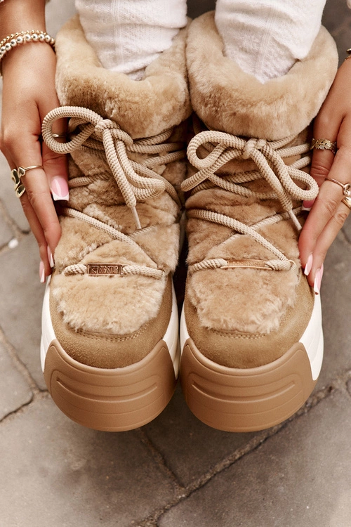 Skórzane Śniegowce Damskie Na Grubej Podeszwie Z Futerkiem Big Star OO274A207 Brązowe