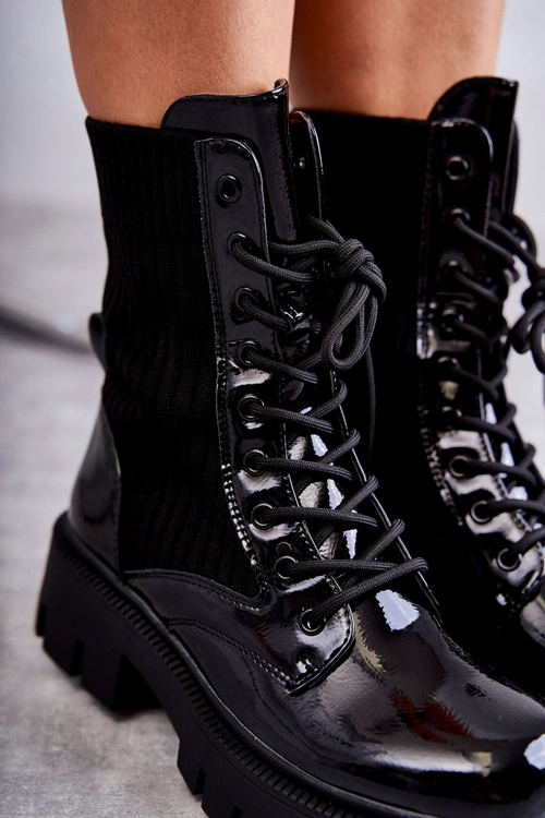 Damskie Lakierowane Workery Botki Ze Skarpetą Czarne Abigail