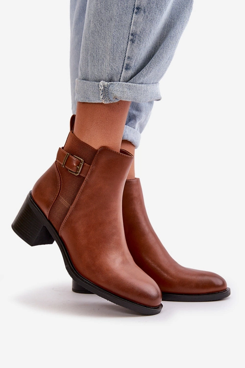 Botki Damskie Ocieplane Na Słupku Z Klamrą Camel Nevillira