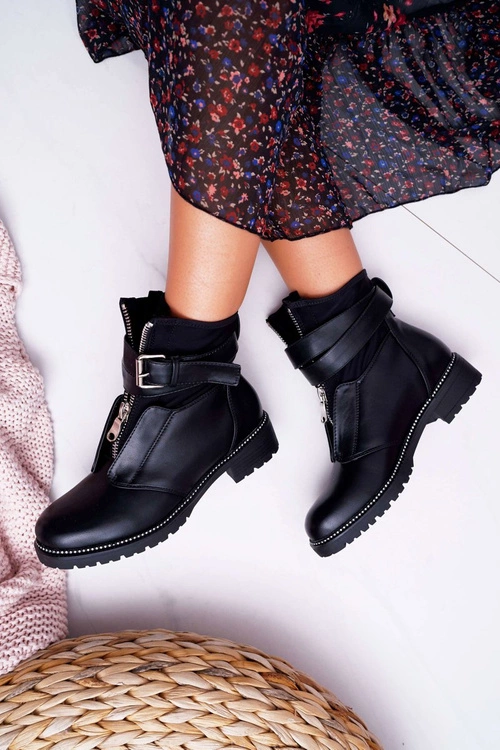 Botki Damskie Płaski Obcas Militarne Czarne Travist