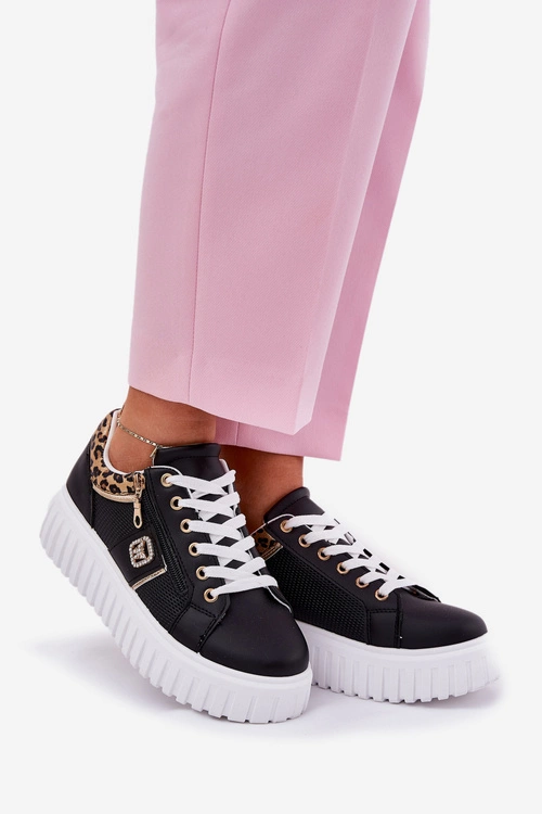 Buty Sportowe Damskie Na Platformie Z Eko Skóry Panterka Czarne Velionna