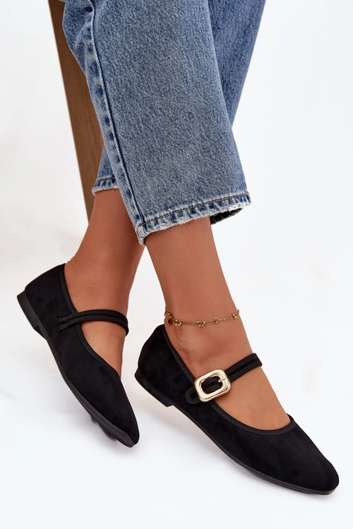 Baleriny Z Paskiem I Złotą Klamrą Eko Zamszowe Czarne Adelora