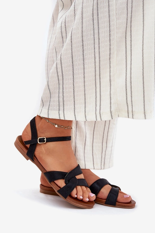 Płaskie Połyskujące Sandały Damskie S.Barski KV51-022 Czarne