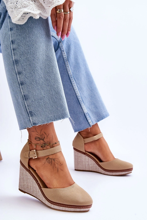 Damskie Klasyczne Sandały Na Koturnie Ciemnobeżowe Malani