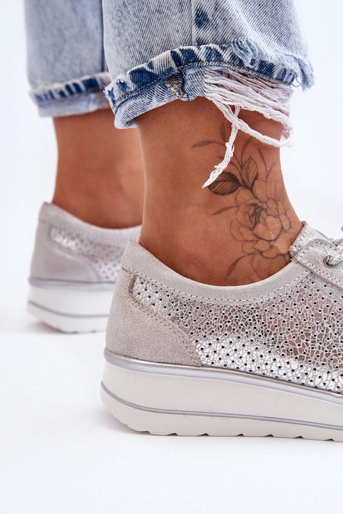 Skórzane Buty Sportowe Z Perforacją S.Barski AL22246 Srebrne