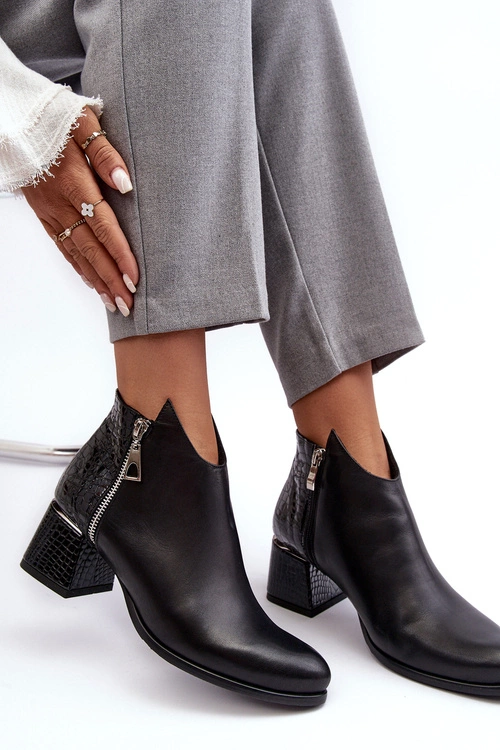 Damskie Skórzane Botki Na Niskim Słupku Zazoo 4111 Czarne