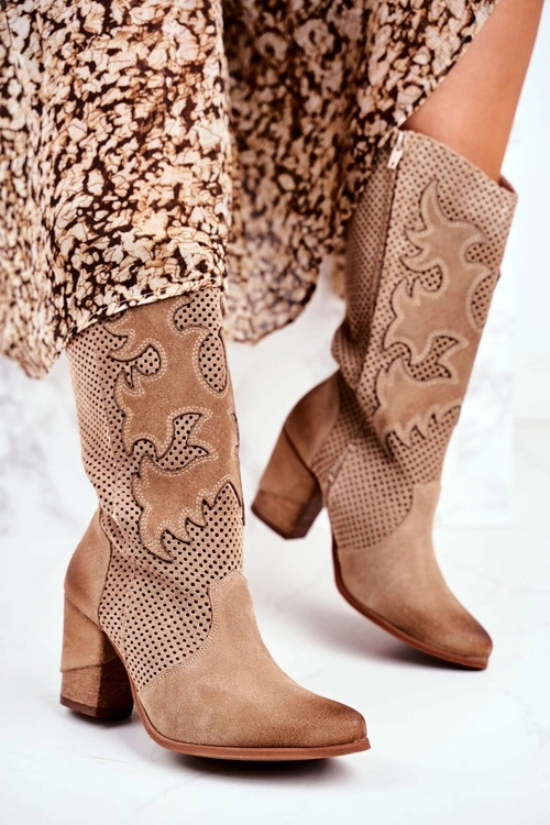 Damskie Botki Na Słupku Beżowe Skórzane Wysokie Rosemary