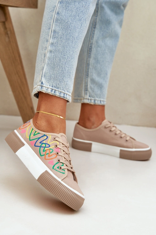 Trampki Tenisówki Damskie W Serca Ciemnobeżowe Fonirea