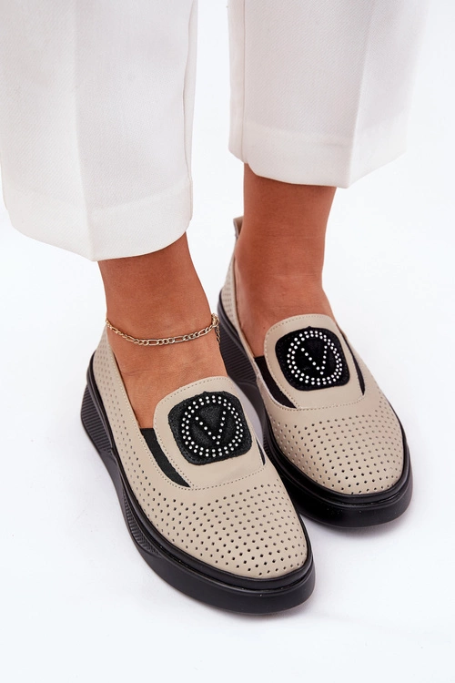 Mokasyny Damskie Skórzane Na Platformie I Koturnie Vinceza 79522 Beżowe