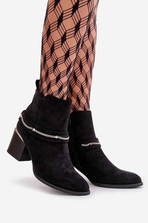 Ocieplane Botki Damskie Na Słupku Z Łańcuszkiem Eko Zamszowe Czarne Hanalen