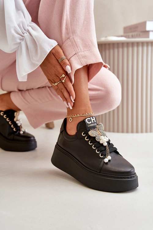 Damskie Skórzane Sneakersy Na Platformie Z Motylem CheBello 4585 Czarne