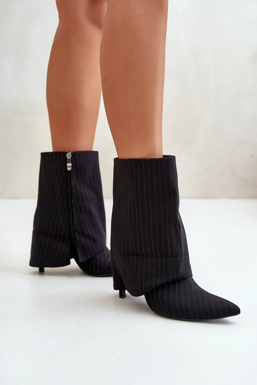 Botki Damskie W Paski Na Szpilce Z Wywiniętą Cholewką I Noskami W Szpic Czarne Naritua