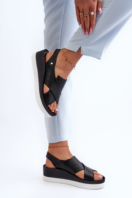 Zazoo 40256 Skórzane Sandały Na Koturnie Czarne